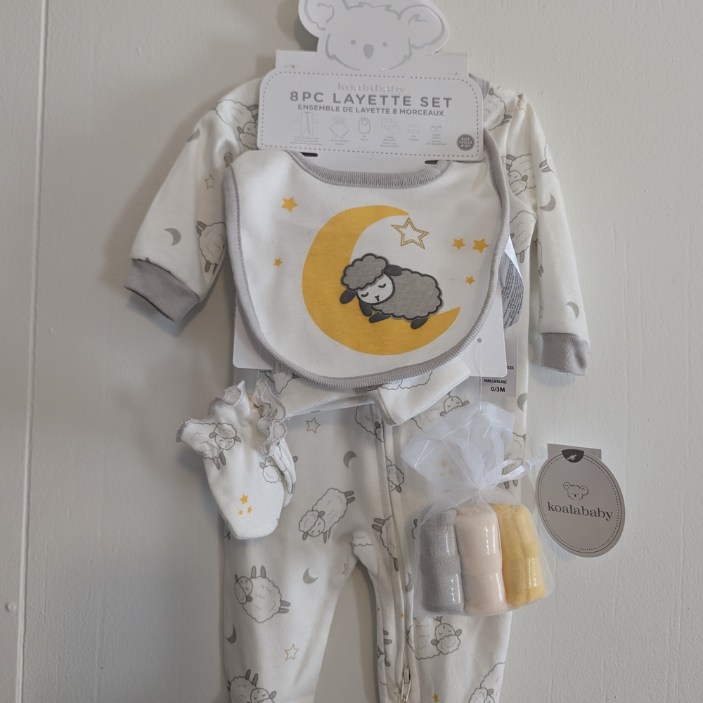 Koala Kids White and Gray Pajama Set with Matching Bib